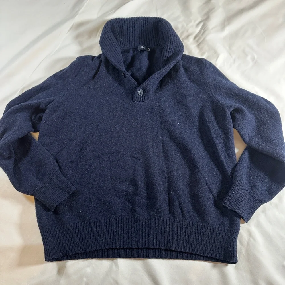J.Crew Mens XXL‎ Navy Blue 100% Lambswool Shawl Collar Button Sweater 21943